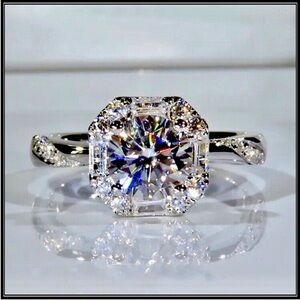 New 14k white gold simulated diamond cathedral halo ring